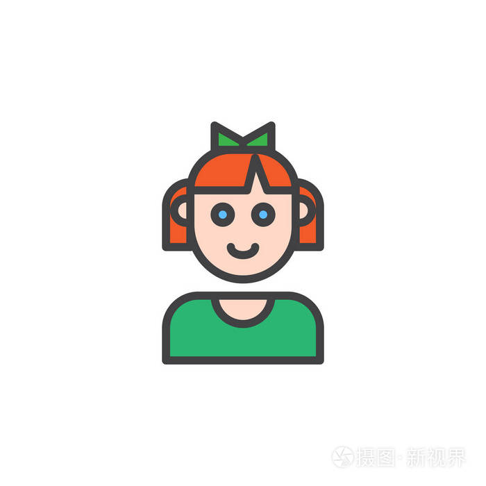 儿童女孩脸填充轮廓图标线矢量标志线性彩色象形文字隔离在白色上.