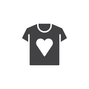 带有心脏图标矢量的T恤填充平号固体象形文字，隔离在白色上。 慈善符号标志插图。