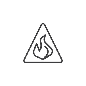 警告危险火焰线图标轮廓矢量标志线性风格象形文字隔离在白色上。 危险警告标志符号标志插图。 可编辑行程