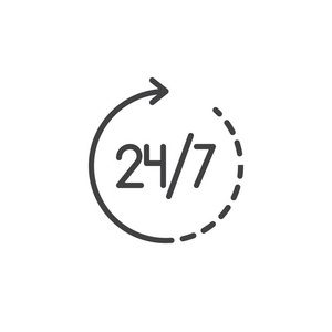 24小时，在7天的一周内，可用的服务图标矢量填充平面标志，固体象形文字隔离在白色上。 二十四七全天工作时间符号标志插图。