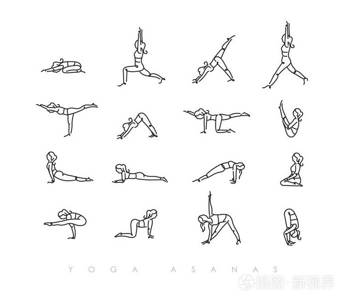 笔线手绘女孩瑜伽体式轻风格绘画与白色背景