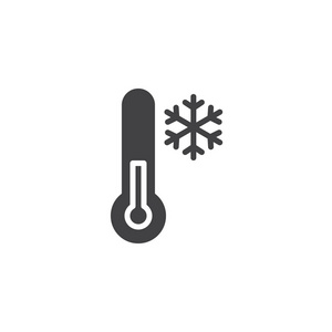 冷温度矢量图标。 填充平面标志的移动概念和网页设计。 温度计和雪花简单的固体图标。 冬季季节符号标志插图。 像素完美向量
