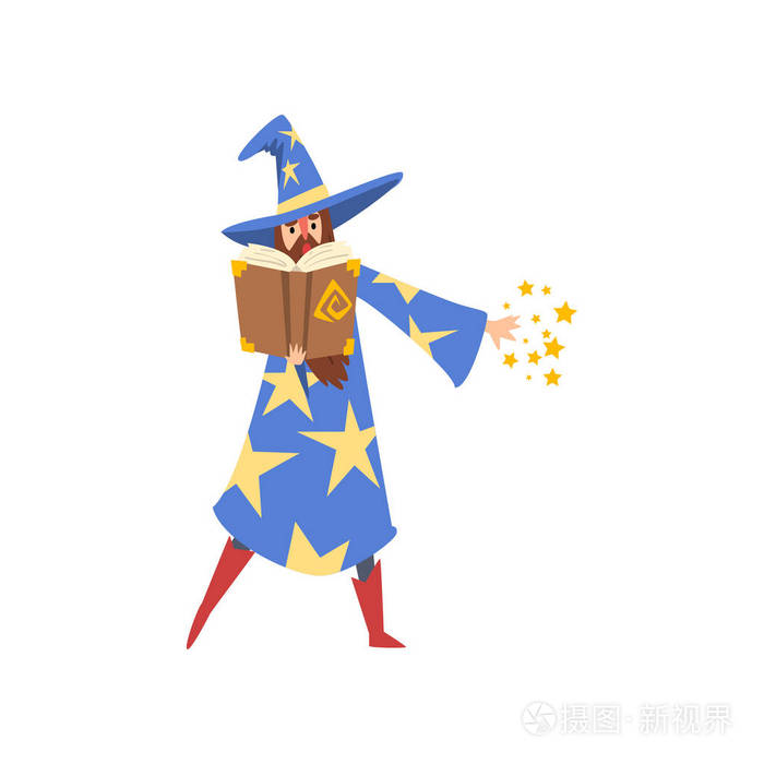 男性魔法师阅读魔术书, 带着星星和尖帽子向量的戴蓝色毛的胡子
