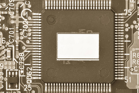 印刷电路板，用于背景微芯片和其他组件，小深度景调图像