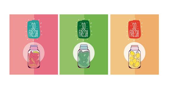 果汁和梅森罐子一套卡片矢量插图图形设计