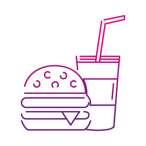 霓虹灯剪影汉堡和饮料杯快餐矢量插图