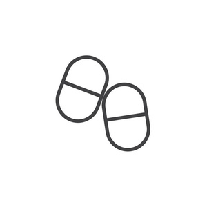 药物药丸线图标轮廓矢量符号线性风格象形文字隔离在白色上。 药品片剂符号标志插图。 可编辑行程