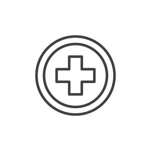 医学十字徽线图标轮廓矢量标志线性风格象形文字隔离在白色上。 符号标志插图。 可编辑行程