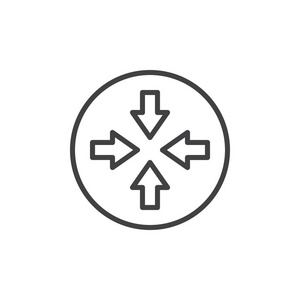 四个箭头线图标轮廓矢量符号线性风格象形文字隔离在白色上。 碰撞箭头符号标志插图。 可编辑行程