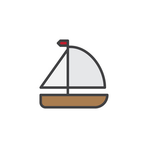 帆船填充轮廓图标线矢量标志线性彩色象形文字隔离在白色上。 游艇旅行符号标志插图。 像素完美矢量图形