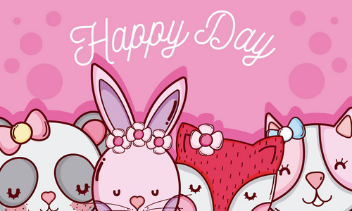 快乐日卡片，可爱动物卡通矢量插图，平面设计