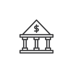 银行建筑线图标，轮廓矢量标志，线性风格象形孤立在白色上。银行之家符号，标志插图。易生中风