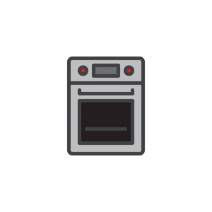 烤箱填充轮廓图标，线条矢量符号，线性彩色象形文字隔离在白色上。厨房灶具符号，标识插图..像素完美矢量图形