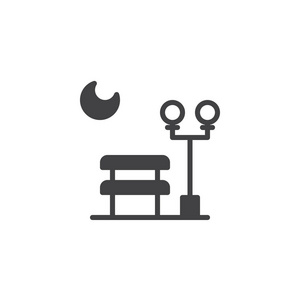 月亮灯笼和长凳在公园的夜间图标矢量填充平面标志固体象形文字隔离在白色上。 符号标志标志插图