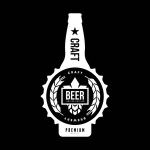 现代工艺啤酒饮料孤立矢量标志品牌啤酒厂酒吧啤酒厂或酒吧。高级瓶子标志型三通印刷徽章插图。 酿造时尚T恤徽章设计。