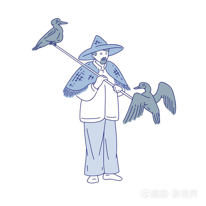 插画 中国渔民和鸭子渔民.矢量线艺术人们去钓鱼.亚洲农业文化的象征.