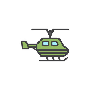 直升机填充轮廓图标线矢量标志线性彩色象形文字隔离在白色上。 直升机复印机符号标志插图。 像素完美矢量图形