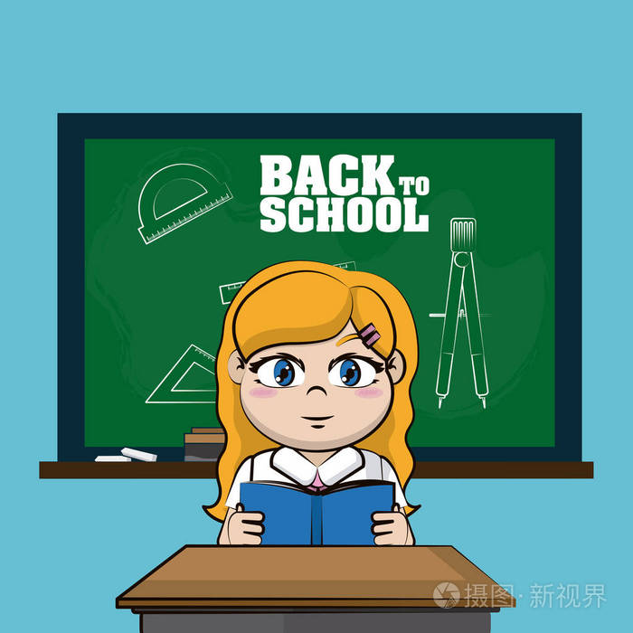 可爱的学生女孩前面黑板回到学校卡通矢量插图平面设计