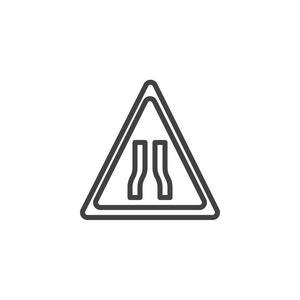 警告狭窄道路前方交通标志线图标轮廓矢量标志线式象形文字隔离在白色上。 符号标志插图。 可编辑行程