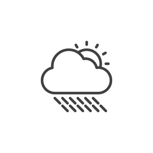 雨天云和太阳轮廓图标。 移动概念和网页设计的线性风格标志。 晴天雨天简单线矢量图标。 符号标志插图。 像素完美矢量图形