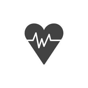 心脏与跳动的波图标矢量填充平征固体象形文字隔离在白色上。 心跳符号标志标志图