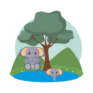 大象家族森林孤立图像矢量插图平面设计