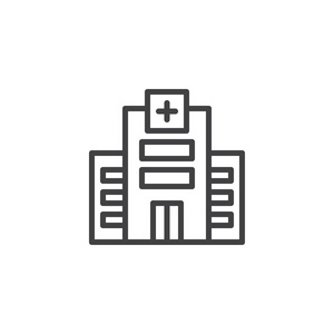 医院建筑线图标轮廓矢量标志线性风格象形文字隔离在白色上。 医疗诊所符号标志插图。 可编辑行程