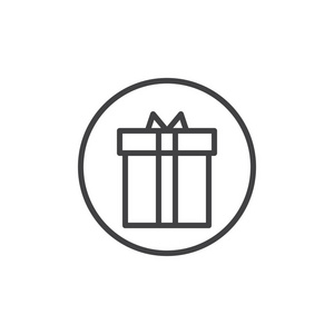 圣诞礼物线图标轮廓矢量符号线性风格象形文字隔离在白色上。 礼品盒符号标志插图。 可编辑行程