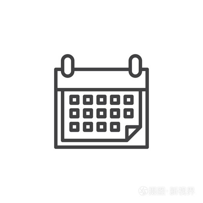 日历线图标轮廓矢量符号线性样式象形文字隔离在白色上. 议程符号标志