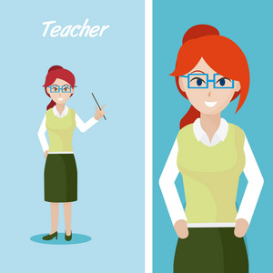 青年教师卡通，蓝色背景矢量插图，平面设计