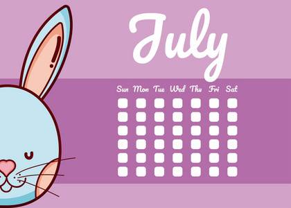 七月和兔子可爱日历卡通矢量插图图形设计照片