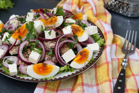 健康沙拉有机生菜配鸡甜菜根煮鸡蛋，红洋葱和羊奶酪