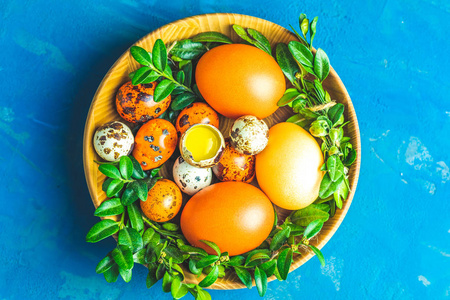 复活节贺卡与彩色黄色橙色鸡蛋与鹌鹑鸡蛋和绿色树枝在木盘蓝色混凝土表面背景。 复制空间顶部视图。 调色图像