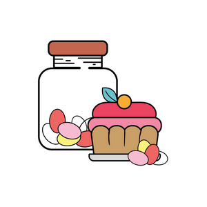 罐子里的糖果杏仁和蛋糕甜点矢量插图