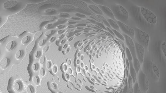 抽象现代未来主义和有机建筑的形状的圆形隧道与光背景。3d 渲染插图