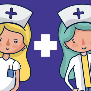 可爱护士医疗团队卡通矢量插图平面设计