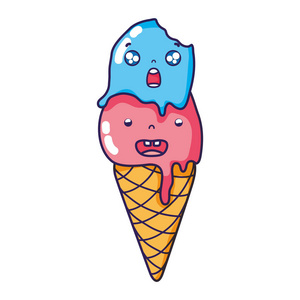 可爱的冰淇淋，两个球，Kawaii与飞檐矢量插图。