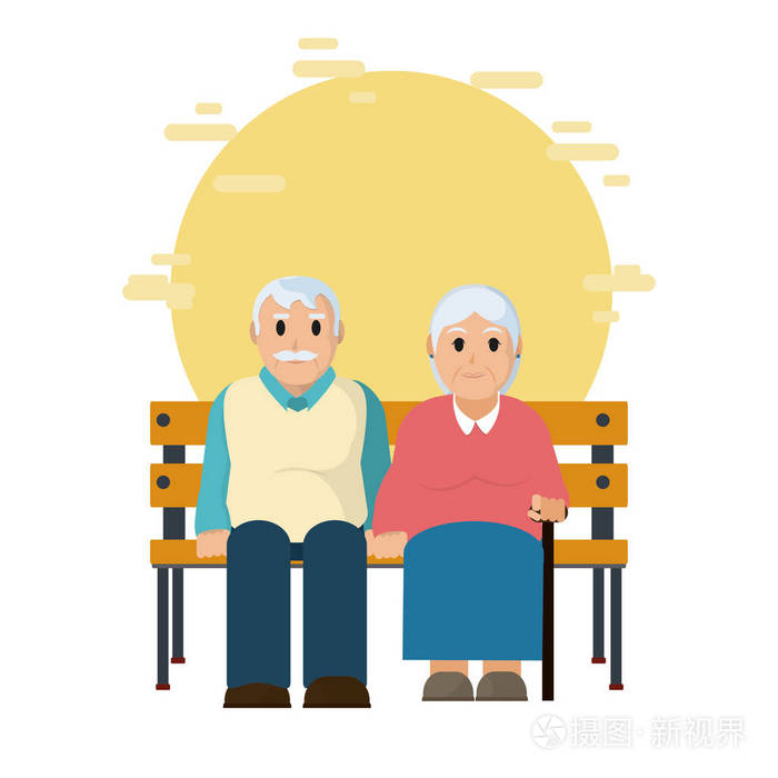 可爱的祖父母坐在木椅矢量插图平面设计插画-正版商用