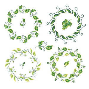 花环的叶子和花。向量例证在白色背景与花框架。手绘设计元素为您的装饰