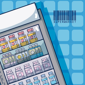 冰箱与产品超级市场产品条形码矢量插图
