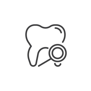 牙齿诊断线图标轮廓矢量符号线性样式象形文字隔离在白色上。 牙科护理符号标志插图。 可编辑行程