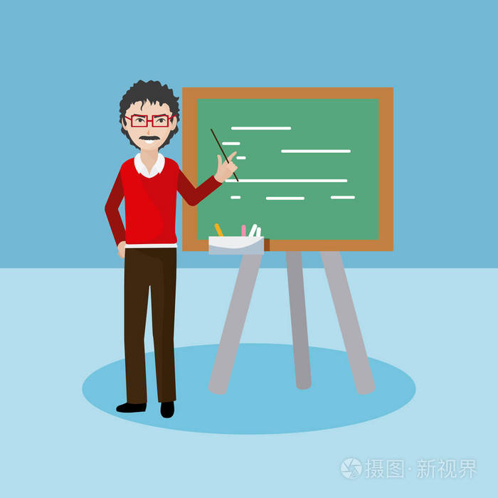 青年教师用蓝色背景矢量插图设计黑板