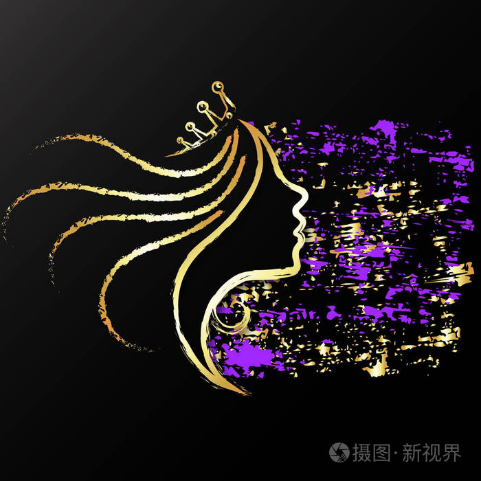 一个戴着金色皇冠的女孩的美丽轮廓. 美容院和理发厅独特的标志