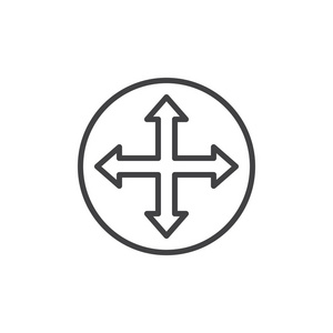 全屏矢量四向箭头线图标轮廓矢量符号线性风格象形文字隔离在白色上.