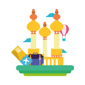 五颜六色的莫斯科与气球，旅行背包矢量插图