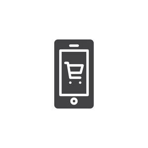 智能手机与购物车图标矢量填充平面标志固体象形文字隔离在白色上。 手机与手推车符号标志插图。