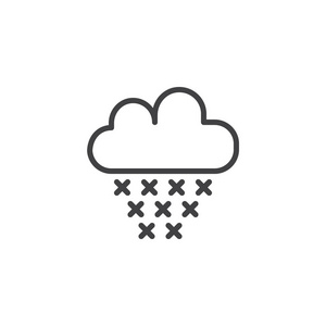 雪云线图标轮廓矢量符号线性风格象形文字隔离在白色上。 冬季天气符号标志插图。 可编辑行程