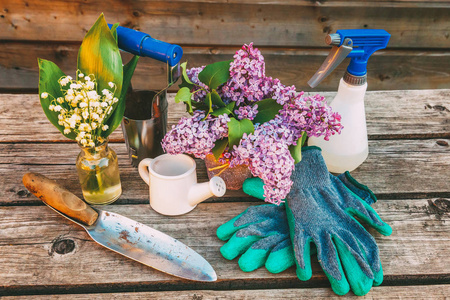 园艺工具浇水，可以铲铲子，耙，手套，丁香花在谷仓的木桌上。 春天或夏天在花园里。 生态自然园艺爱好概念背景