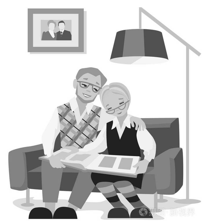 英语成语故事 爷爷奶奶矢量图奶奶照片相册坐在沙发上平家庭年龄相册书人物性格开朗交流有趣的一代奶奶爷爷奶奶快乐在室内生活看旧照片插画 正版商用图片18v1ed 摄图新视界