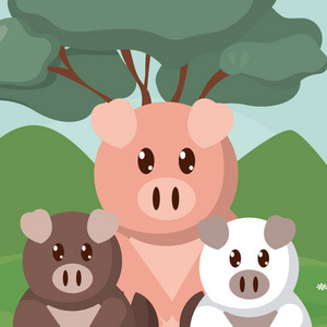 小猪家庭森林可爱卡通矢量插图平面设计